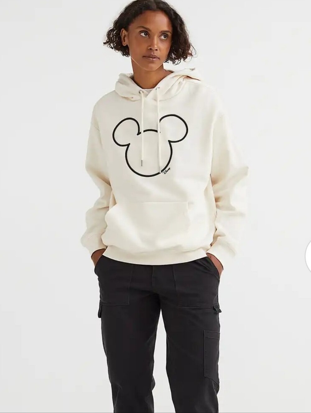 H & M × Disney Hoodie with Motif - Embroidered Mickey Silhoute - Off White L